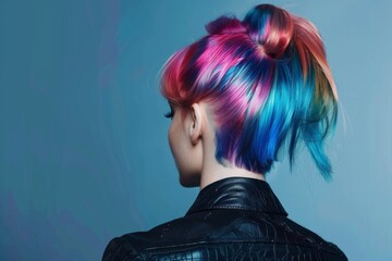 Stylish updo featuring a woman with multicolored dyed hair against a blue background - 784114216