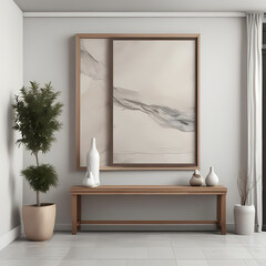 Coastal interior design of modern entrance hall with empty blank mock up frame, stone tiles wall.