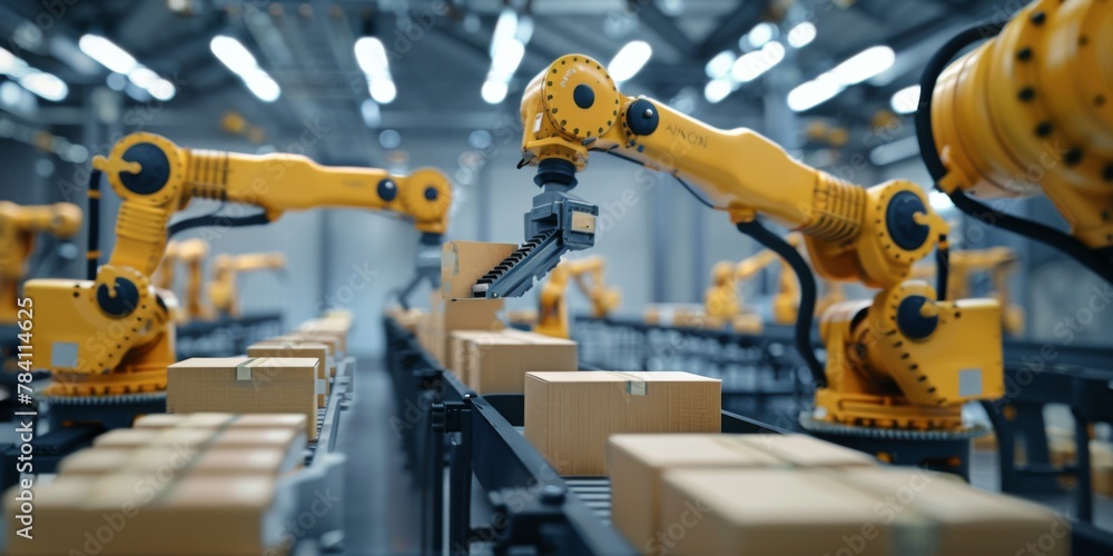 Poster yellow robots in a factory move boxes on a conveyor belt