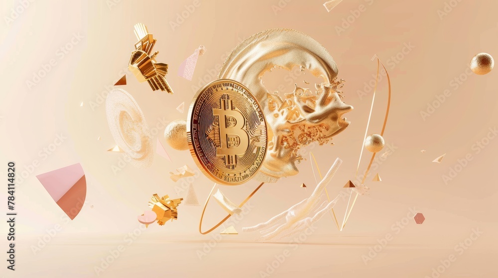 Poster an isolated 3d model of a golden bitcoin surrounded by abstract geometric shapes ai generated illust