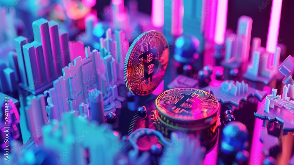 Aufkleber an isolated 3d model of a bitcoin surrounded by abstract business graphics ai generated illustration