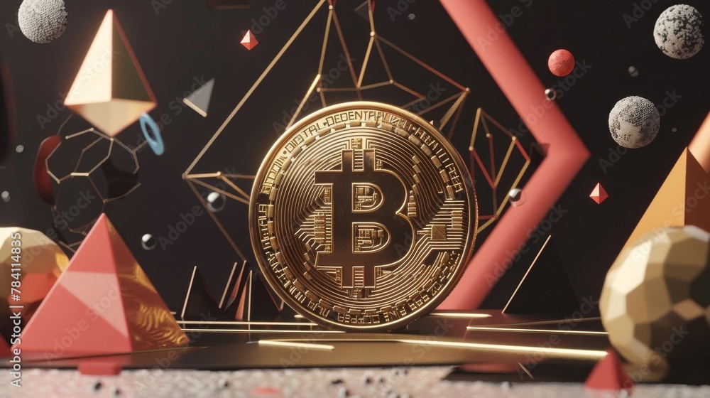 Aufkleber an isolated 3d model of a golden bitcoin surrounded by abstract geometric shapes ai generated illust