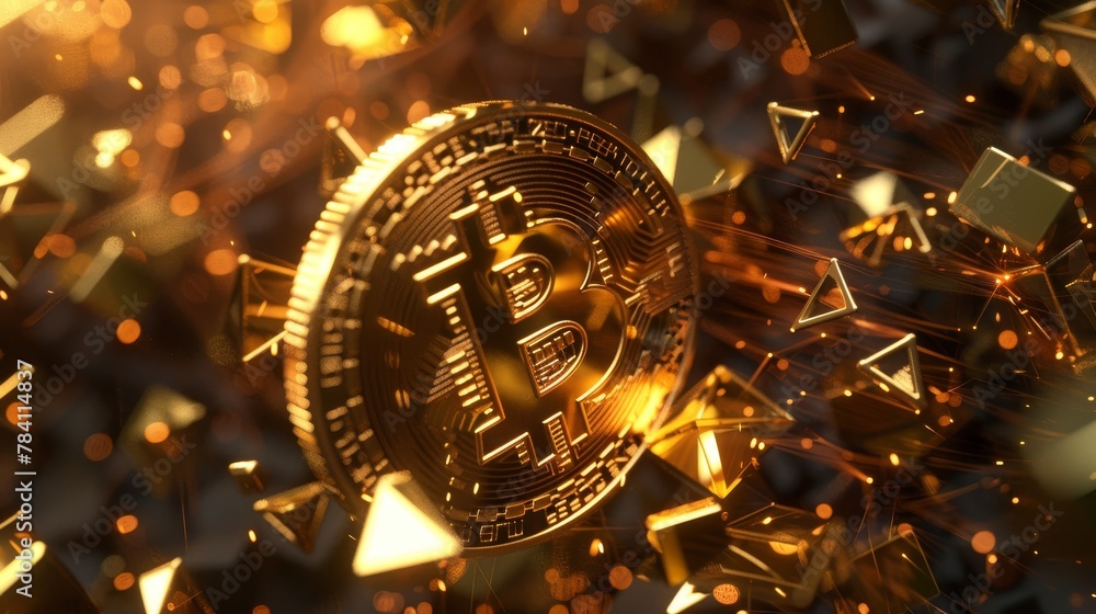 Poster an isolated 3d model of a golden bitcoin surrounded by abstract geometric shapes ai generated illust