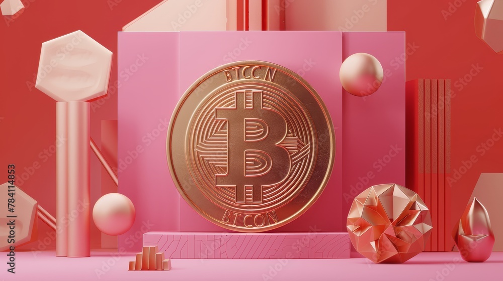 Poster an isolated 3d model of a golden bitcoin surrounded by abstract geometric shapes ai generated illust