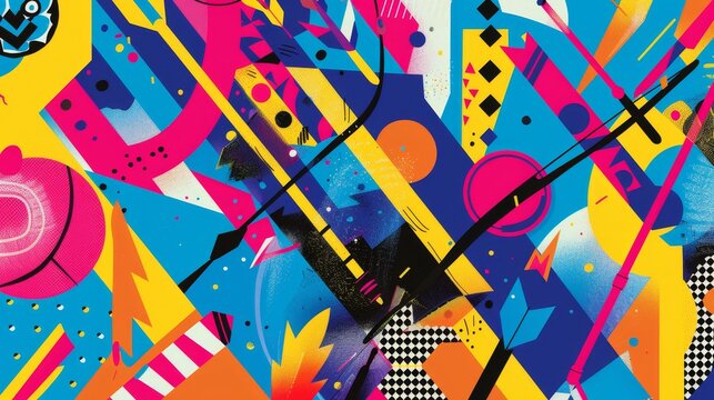 Archery bows and arrows floating in a psychedelic Memphis-inspired design   AI generated illustration