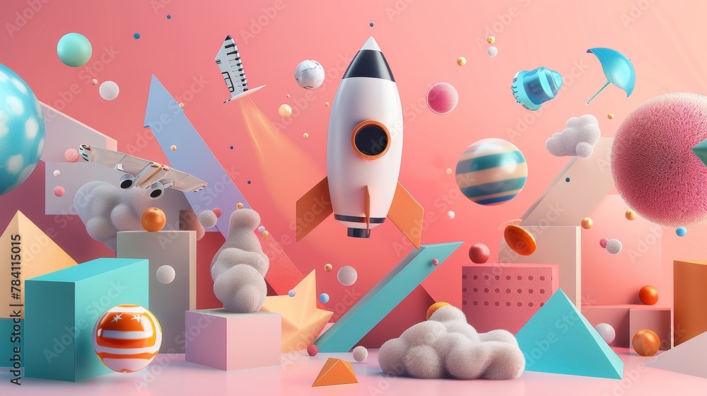 Poster bold and modern 3d renderings of isolated flying objects in a startup theme ai generated illustratio