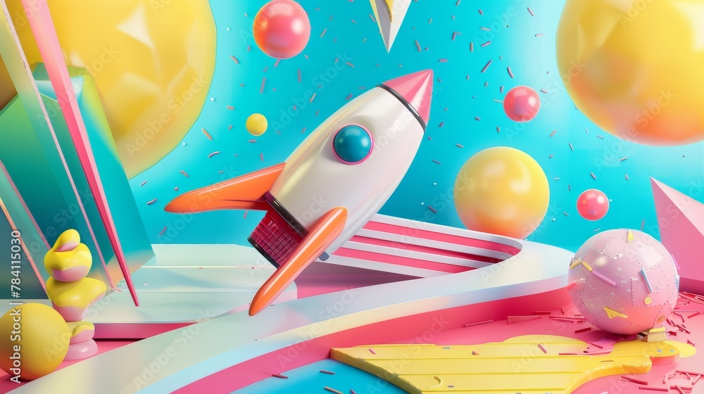 Poster bold and vibrant 3d renderings of flying objects in a memphis-inspired design ai generated illustrat