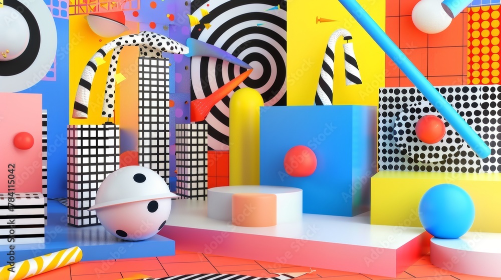 Poster bold and vibrant 3d renderings of flying objects in a memphis-inspired design ai generated illustrat