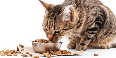 A carnivorous Felidae with whiskers eating from a bowl on a white background