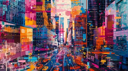 Bold patterns and colors in a digital cityscape   AI generated illustration