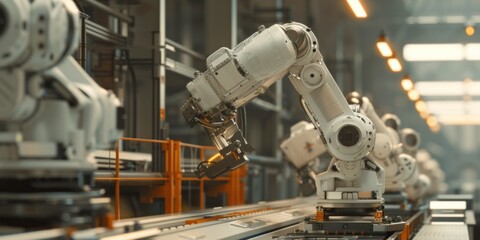 Fototapeta premium Robots on conveyor belt in factory assembling vehicles