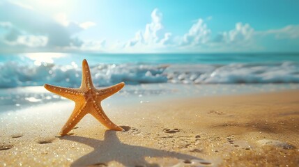 Fototapeta na wymiar Sunny beach scene with a starfish, epitomizing summer vacation vibes.