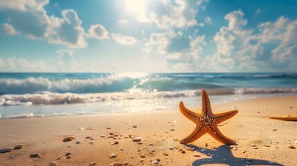 Fototapeta na wymiar Sunny beach scene with a starfish, epitomizing summer vacation vibes.