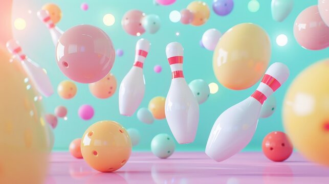 Bowling pins and balls levitating in a colorful 3d render   AI generated illustration