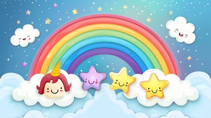 Cheerful rainbow with cloud characters  AI generated illustration