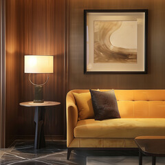 A dark yellow and brown sofa, with straight armrests adorned with black framed art paintings. The warm color scheme is exquisitely decorated in the living room.