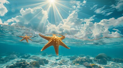 Cheerful starfish floating above the sea   AI generated illustration - obrazy, fototapety, plakaty