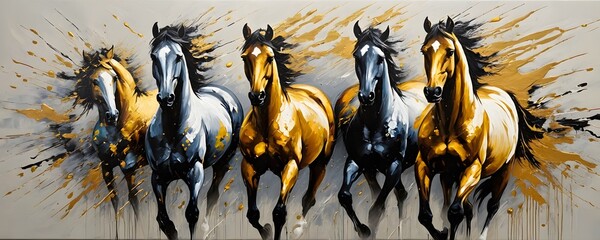 Abstract oil painting with gold, horse, wall art, knife painting, paint spots and strokes. Large stroke oil painting, mural, art wall. - obrazy, fototapety, plakaty