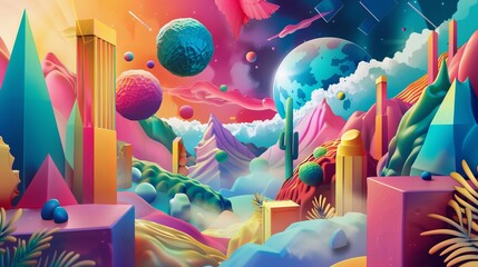Colorful objects popping in a digital landscape   AI generated illustration