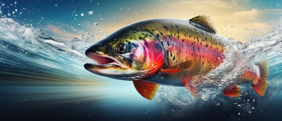 Panoramic banner of rainbow trout jumping out of water with splashing fish taking bait - obrazy, fototapety, plakaty