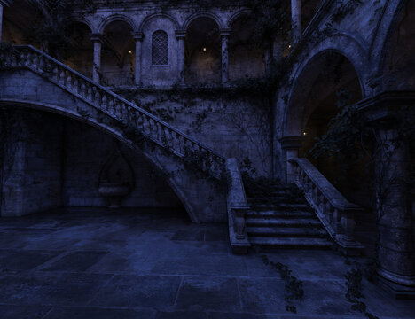 3D rendered fantasy background of a Victorian mansion and its patio's corridors at night 