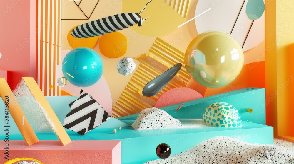 Aufkleber d renderings of flying objects in a unique memphis-inspired color palette ai generated illustration