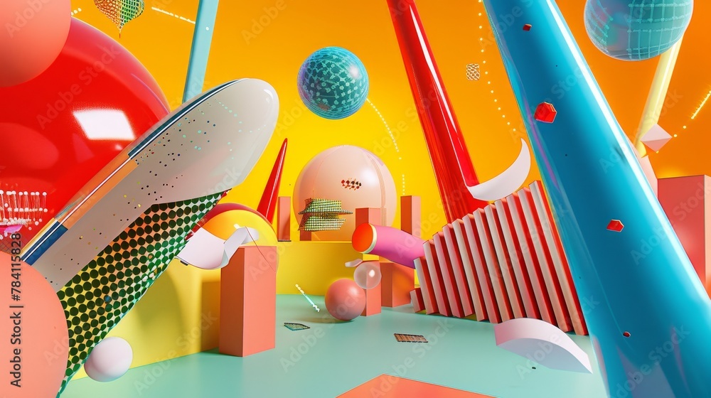 Poster d renderings of flying objects in a unique memphis-inspired color palette ai generated illustration