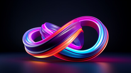 A glowing 3D infinity symbol made of twisted bands of pink, purple, orange and blue light on a black background.