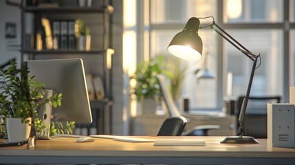 Desk lamp glowing in a virtual office space   AI generated illustration