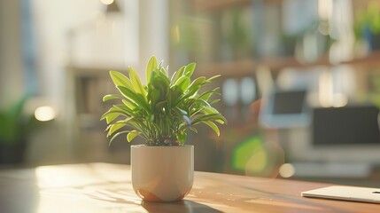 Desk plant hovering in a surreal office scene   AI generated illustration