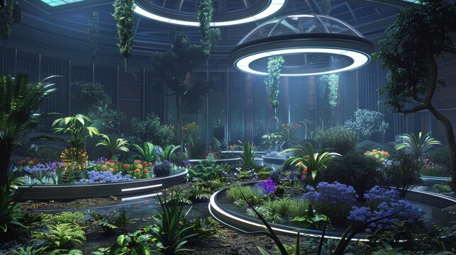 D render of a futuristic greenhouse with floating planters and alien flowers  AI generated illustration