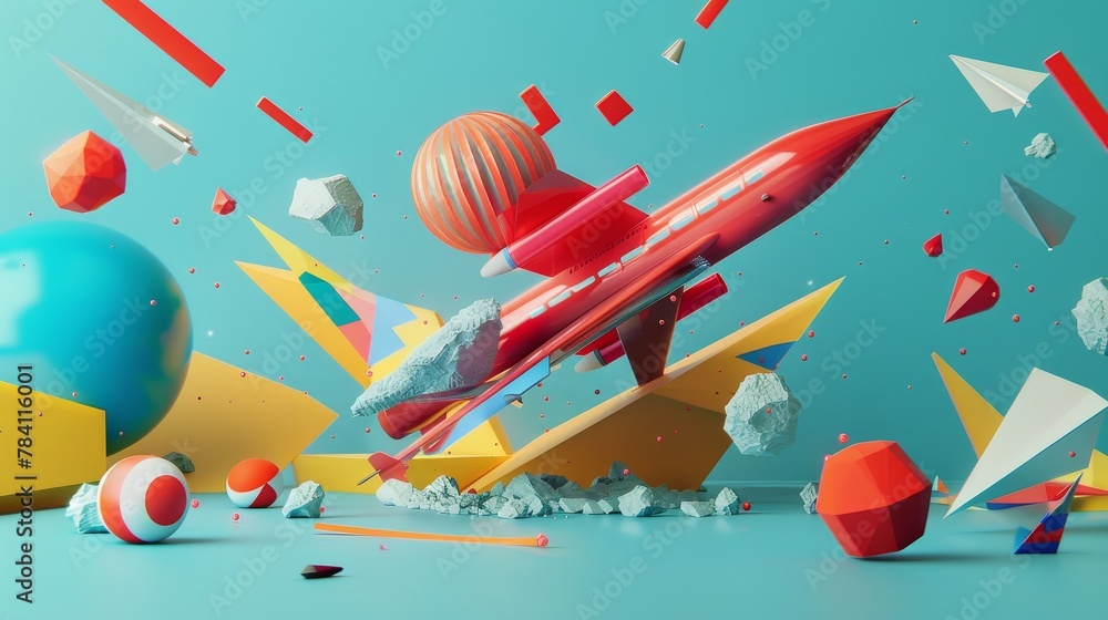 Poster dynamic 3d art showcasing flying objects in a bold graphic design ai generated illustration