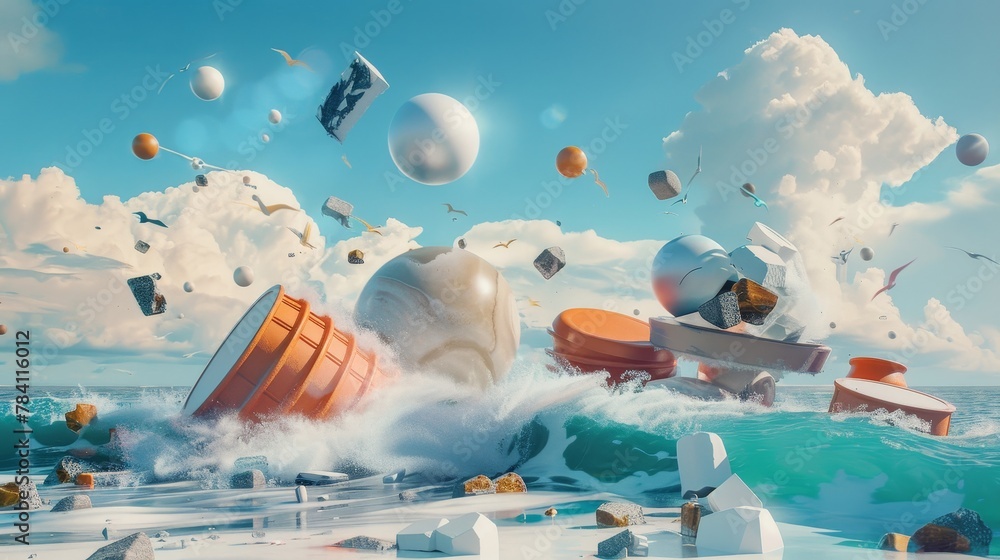 Poster dynamic 3d art showcasing flying objects in a surreal aesthetic ai generated illustration