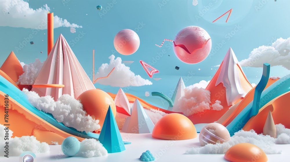 Poster dynamic 3d art showcasing levitating shapes in a whimsical design ai generated illustration