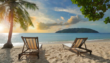 Beach chairs resting on the sandy shore beside the sea, embodying the essence of summer vacation and tropical getaways.