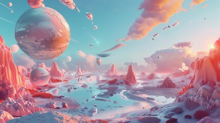 Dynamic 3d art showcasing flying objects in a surreal aesthetic   AI generated illustration - obrazy, fototapety, plakaty