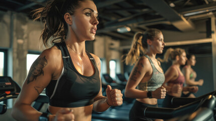 group of females exercising on treadmill in gym with friends, modern fitness center on background