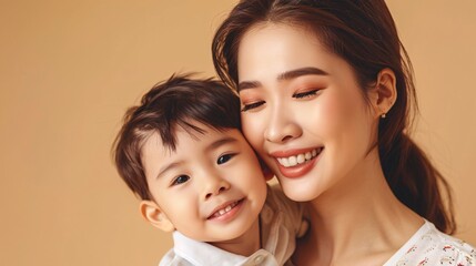 Asian mother hugs her child