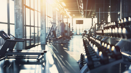 empty modern gym interior with various equipment with natural lighting 