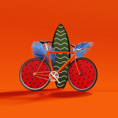 Summer concept background. Bicycle with surf board and palm leaf on vibrant orange background. 3D Rendering, 3D Illustration - 784117045