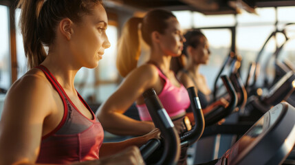 Fototapeta na wymiar row of young smiling woman exercising on treadmill in modern gym fitness center