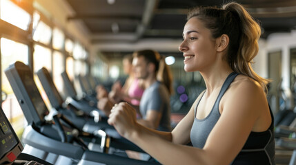 young smiling woman exercising on treadmill in gym with friends, modern fitness center on background