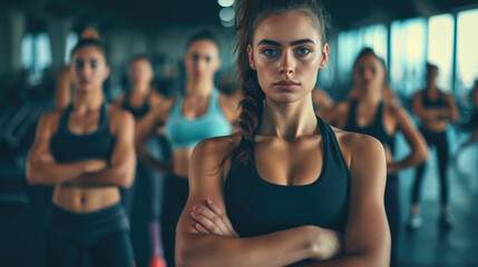 young female woman closeup with group females in gym do physical exercises, design for fitness sport athletic training dancing yoga classes 