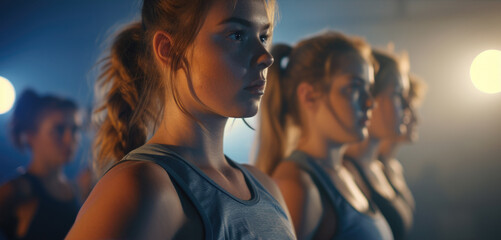 group of young females in row closeup in gym do  exercises fitness sport athletic training dancing yoga