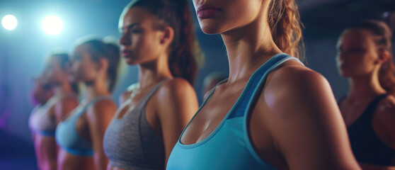 row of group sporty fitness females on dancing classes, gym sport design