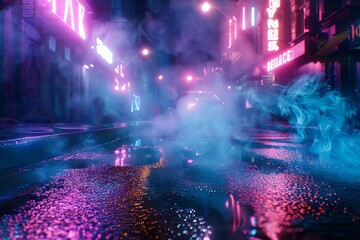 wet asphalt street with neon lights smoke and searchlight in dark city 3d render digital ilustration