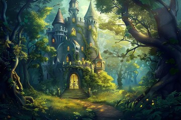 whimsical fairy tale castle nestled in a magical forest childrens book digital illustration digital ilustration - obrazy, fototapety, plakaty
