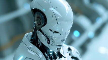 White Robotic Humanoid with BB Cream Finish Futuristic Powered Digital Innovation Concept - obrazy, fototapety, plakaty