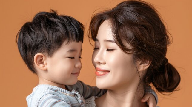 Asian mother hugging her child on background