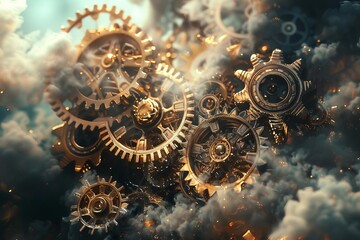 whimsical steampunk gears and cogs interlocking in a surreal composition digital concept art digital ilustration - obrazy, fototapety, plakaty